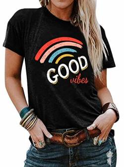 Damen Good Vibes Shirts Regenbogen Print T-Shirt Kurzarm Tops Rundhals Tee Sommer Bluse (Schwarz，Groß) von tiorhooe