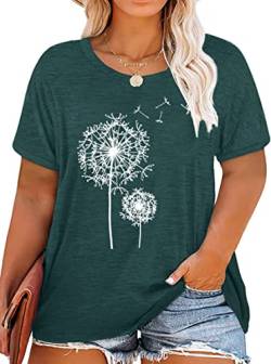 Damen Oversize Shirt Frauen Große Größen Dandelion T Shirts Frau Plus Size Wildflower Motiven Top （Grün,3XL von tiorhooe
