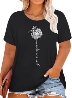 Damen Oversize Shirt Frauen Große Größen Dandelion T Shirts Frau Plus Size Wildflower Motiven Top （Schwarz,4XL von tiorhooe