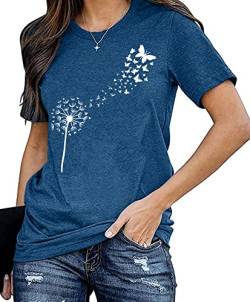 Damen Pusteblume T-Shirt Frauen Blume Muster Shirt Frau Nette Casual Kurzarm Tops (Blau1，Groß) von tiorhooe