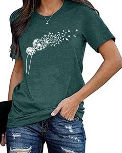 Damen Pusteblume T-Shirt Frauen Blume Muster Shirt Frau Nette Casual Kurzarm Tops (Grün1，Groß) von tiorhooe