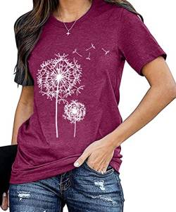 Damen Pusteblume T-Shirt Frauen Blume Muster Shirt Frau Nette Casual Kurzarm Tops (Lila1，XX-Large) von tiorhooe