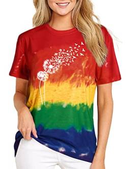 Damen Pusteblume T-Shirt Frauen Blume Muster Shirt Frau Nette Casual Kurzarm Tops (Rainbow3，Klein) von tiorhooe