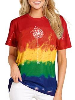 Damen Pusteblume T-Shirt Frauen Blume Muster Shirt Frau Nette Casual Kurzarm Tops (Rainbow4，Mittel) von tiorhooe