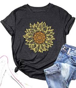 Damen Sonnenblumen Shirt Blume Muster T-Shirt Frau Nette Casual Kurzarm Tops (Grau，Groß) von tiorhooe