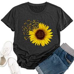 Damen Sonnenblumen Shirt Blume Muster T-Shirt Frau Nette Casual Kurzarm Tops (Grau，XX-Large) von tiorhooe