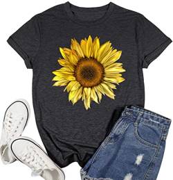 Damen Sonnenblumen Shirt Blume Muster T-Shirt Frau Nette Casual Kurzarm Tops (Grau2，X-Large) von tiorhooe