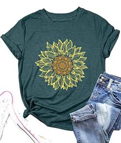 Damen Sonnenblumen Shirt Blume Muster T-Shirt Frau Nette Casual Kurzarm Tops (Grün，Groß) von tiorhooe