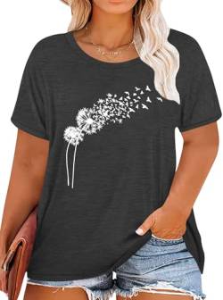 Frauen Oversize Shirt Damen Große Größen Dandelion T Shirts Frau Plus Size Blume Motiven Tee （Grau,5XL von tiorhooe