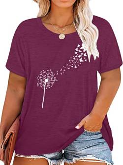 Frauen Oversize Shirt Damen Große Größen Dandelion T Shirts Frau Plus Size Blume Motiven Tee （Lila,4XL von tiorhooe