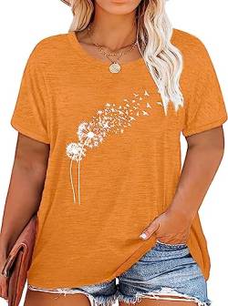 Frauen Oversize Shirt Damen Große Größen Dandelion T Shirts Frau Plus Size Blume Motiven Tee （Orange,2XL von tiorhooe
