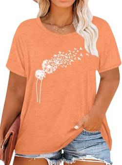 Frauen Oversize Shirt Damen Große Größen Dandelion T Shirts Frau Plus Size Blume Motiven Tee （Orange,3XL von tiorhooe