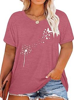 Frauen Oversize Shirt Damen Große Größen Dandelion T Shirts Frau Plus Size Blume Motiven Tee （Rosa,3XL von tiorhooe