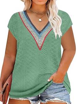 Große Größen T-Shirts Damen V-Ausschnitt Plus Size Mode Strick Top Sommer Oversize Frauen Tshirts （Grün,3X-Large von tiorhooe