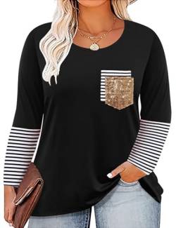 Langarmshirts für Damen Große Größen T Shirt Mit Brusttasche Pailletten Frauen Plus Size Langarm Top （Schwarz,4XL von tiorhooe