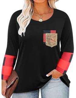 Langarmshirts für Damen Große Größen T Shirt Mit Brusttasche Pailletten Frauen Plus Size Langarm Top （Schwarz1,4XL von tiorhooe