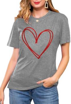 Liebesherz T Shirts für Damen Valentinstag Herz T-Shirt Frauen Cute Herz Graphic Tees （Grau,X-Large von tiorhooe