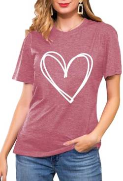 Liebesherz T Shirts für Damen Valentinstag Herz T-Shirt Frauen Cute Herz Graphic Tees （Rosa,Klein von tiorhooe