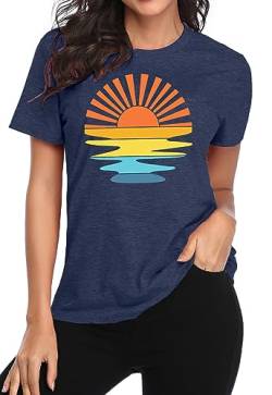 Sunshine Shirt Damen Retro Wander T-Shirt Für Frauen Sommer Vintage Graphic Tees （Blau,Groß von tiorhooe
