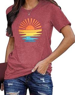 Sunshine Shirt Damen Retro Wander T-Shirt Für Frauen Sommer Vintage Graphic Tees （Rosa,Klein von tiorhooe