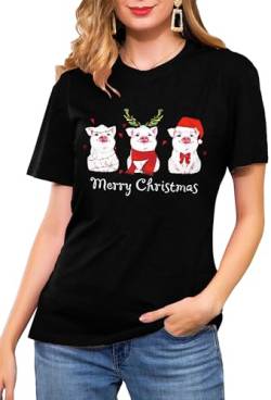 Weihnachten Schwein T-Shirts für Damen Cute Weihnachts Shirt Frauen Graphic Print Tees （Schwarz,Groß von tiorhooe