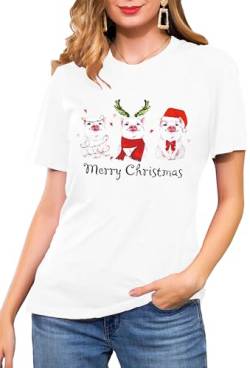 Weihnachten Schwein T-Shirts für Damen Cute Weihnachts Shirt Frauen Graphic Print Tees （Weiß,Klein von tiorhooe