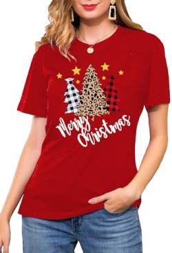 Weihnachten T-Shirt Damen Cute Weihnachts Baum Graphic Shirt Frauen Buffalo Plaid T-Tops （Rot,XX-Large von tiorhooe