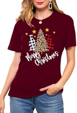 Weihnachten T-Shirt Damen Cute Weihnachts Baum Graphic Shirt Frauen Buffalo Plaid T-Tops （Rot-1,X-Large von tiorhooe