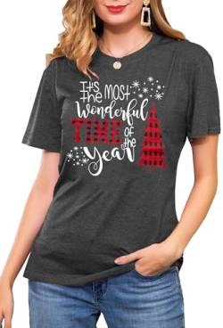 Weihnachts T-Shirts für Damen Cute Weihnachten Baum Shirt Frauen Graphic Print Tees （Grau,Groß von tiorhooe