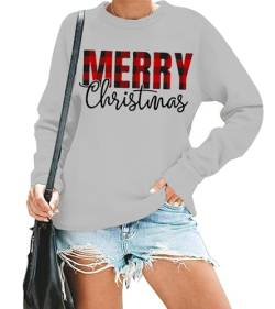 Weihnachtspullover Damen Merry Christmas Sweatershirt Frauen Weihnachten Langarm Shirts (Grau,Groß) von tiorhooe