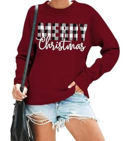 Weihnachtspullover Damen Merry Christmas Sweatershirt Frauen Weihnachten Langarm Shirts (Rot,Mittel) von tiorhooe