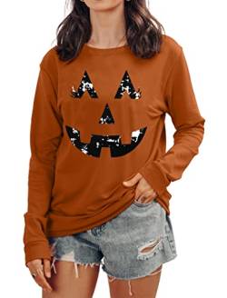 tiorhooe Halloween Pullover Damen Cute Kürbis Graphic Sweatershirt Frauen Halloween Langarm Tops (Braun, Klein) von tiorhooe