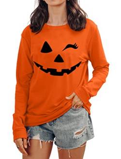 tiorhooe Halloween Pullover Damen Cute Kürbis Graphic Sweatershirt Frauen Halloween Langarm Tops (Orange1, Mittel) von tiorhooe