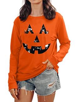 tiorhooe Halloween Pullover Damen Cute Kürbis Graphic Sweatershirt Frauen Halloween Langarm Tops (Orange2, Groß) von tiorhooe