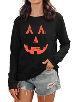 tiorhooe Halloween Pullover Damen Cute Kürbis Graphic Sweatershirt Frauen Halloween Langarm Tops (Schwarz, X-Large) von tiorhooe
