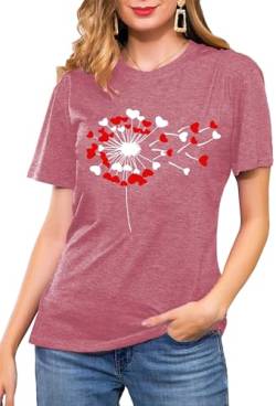 tiorhooe Pusteblume Shirt für Damen Liebesherz Valentinstag T-Shirt Frauen Herz Graphic Tees （Rosa,Mittel von tiorhooe