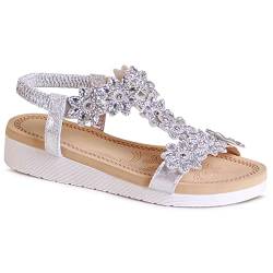 topschuhe24 2394 Damen Keil Sandalen Glitzer Sandaletten Blume, Farbe:Silber, Größe:40 EU von topschuhe24