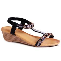 topschuhe24 2482 Damen Keilabsatz Sandalen Glitzer Riemchen Sandaletten, Farbe:Schwarz, Größe:39 EU von topschuhe24