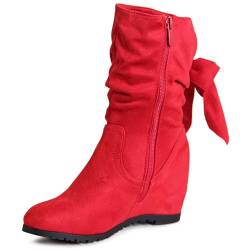 topschuhe24 2909 Damen Keilabsatz Stiefel Velours Waden Boots, Farbe:Rot, Größe:37 EU von topschuhe24