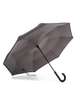 totes The InBrella Regenschirm mit umgekehrtem Schließmechanismus, schwarz/grau, Einheitsgröße, Inbrella Reverse Auto Close Stick Regenschirm mit J-Haken, wind- und regendicht von totes