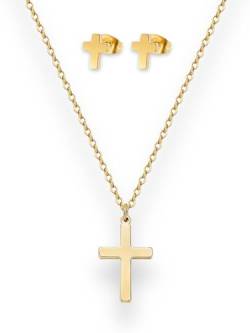 treats yourself Elegante Kreuz Kette und Ohrringe gold | Ideal als christliche Geschenke oder christlicher Schmuck | Schmuckset Mädchen als passendes Geschenk zu religiösen Anlässen von treats yourself