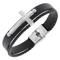 trendor 75875 Herren-Armband Leder Schwarz Stahl Kreuz von trendor