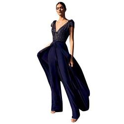 Abendkleid Damen Pailletten Netz Lange Overall Jumpsuits Tanzparty Mini Kurze äRmel Tiefer V-Ausschnitt RüCkenfreies Mesh Schlitz Langes Kleid Dresses for Women Solide Hose von tsaChick