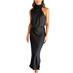 Damen Langes Seidensatin Abendkleid äRmelloses Schal Hals Klein Stehkragen Einfarbig Wrap Hip Ballkleid Elegantes Party Cocktailkleid Solide Ohne Arm Rundhalsausschnitt Wadenlang Langes Kleid von tsaChick