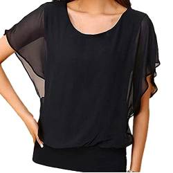 Damen Schwarz Short Sleeve Round-Neck Blouses Shirts Lose lässige kurzärmlige Chiffon Top T Shirt Bluse mit Fledermausärmeln für Damen von tsaChick