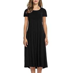 Damen Sommerkleid Lang Kurzarm Wadenlanges Freizeitkleid Solide Rundhalsausschnitt Plissee Casual Holiday A-Linie Kleid Einfarbig Lose Strandkleid Frauen MäDchen Umstandskleider von tsaChick