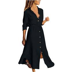 Damen Sommerkleid Langarm Shirtkleid S-5XL 3/4 äRmel Klassisch Revers Knopf V-Ausschnitt UnregelmäßIger Saum Einfarbig Baumwolle Leinen Maxikleid Strandkleid Freizeitkleid MäDchen Umstandskleider von tsaChick