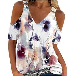 Damen Tshirt Weich Sexy V-Ausschnitt Hole Kalte Schulter Sommertop Frauen Einfarbiges Schmetterlings Blumenmuster Pullover Bluse Lockeres Breiten Trägern Kurzarm Top Oberteile von tsaChick