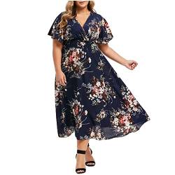 Große Größen Damen Kleid Mode Plus Size Maxikleider XL-5XL Sommerkleid Blumendruck V-Ausschnitt Elegant Kurzarm Leichte Strandkleid Übergröße Schönes Tunikakleid Partykleid Für Mollige Frauen von tsaChick