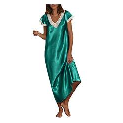 Home Pyjama Kleid Damen S-5XL Solide Homewear Dress Satin Langes Konservatives Nachthemd Kleid Kurzarm V-Ausschnitt Loungewear Schlafanzug Spitzen Satin Nähte Wadenlanges Kleid Ladies Kleider von tsaChick